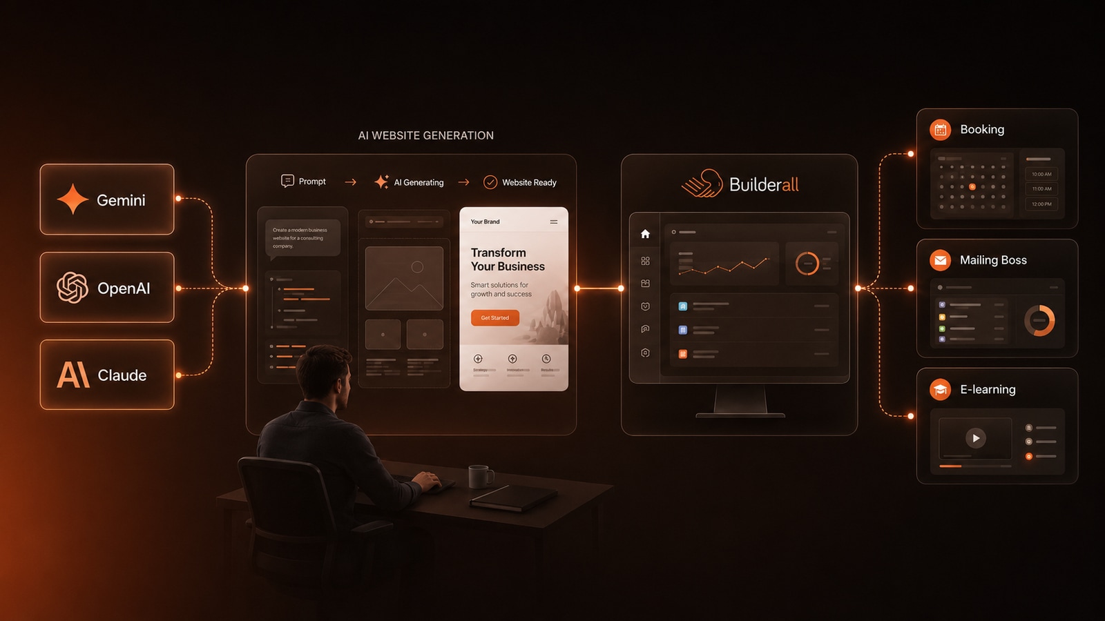 El proceso completo: Gemini, OpenAI y Claude generan el sitio web, este se publica dentro de Builderall y queda conectado con Booking, Mailingboss y e-Learning